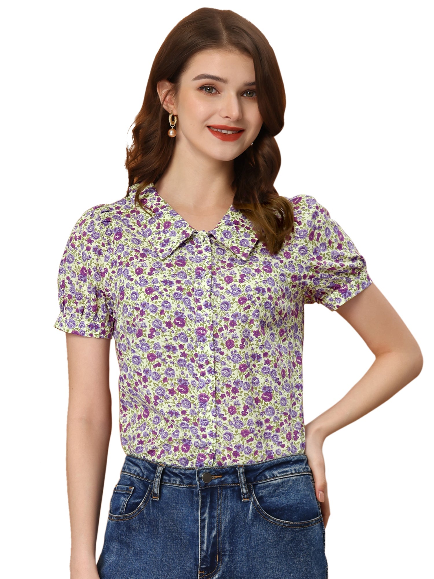 Puff Sleeve Shirt Point Collar Top Button Down Floral Blouse