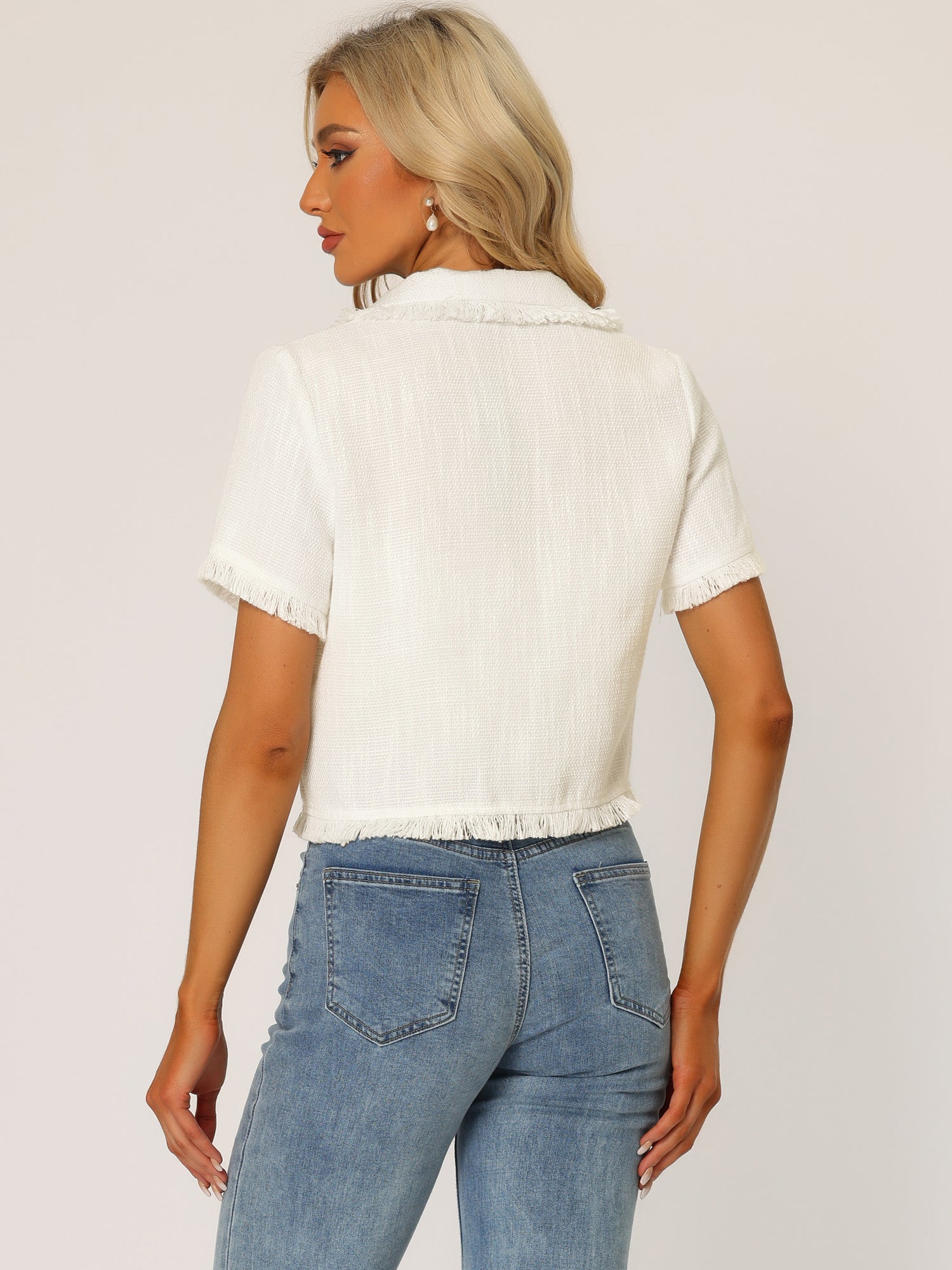 Tweed Tassel Cropped Length Summer Short Sleeve Shirt
