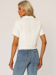 Tweed Tassel Cropped Length Summer Short Sleeve Shirt