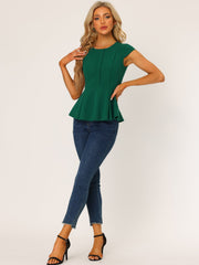 Elegant Round Neck Solid Color Cap Sleeve Peplum Blouse