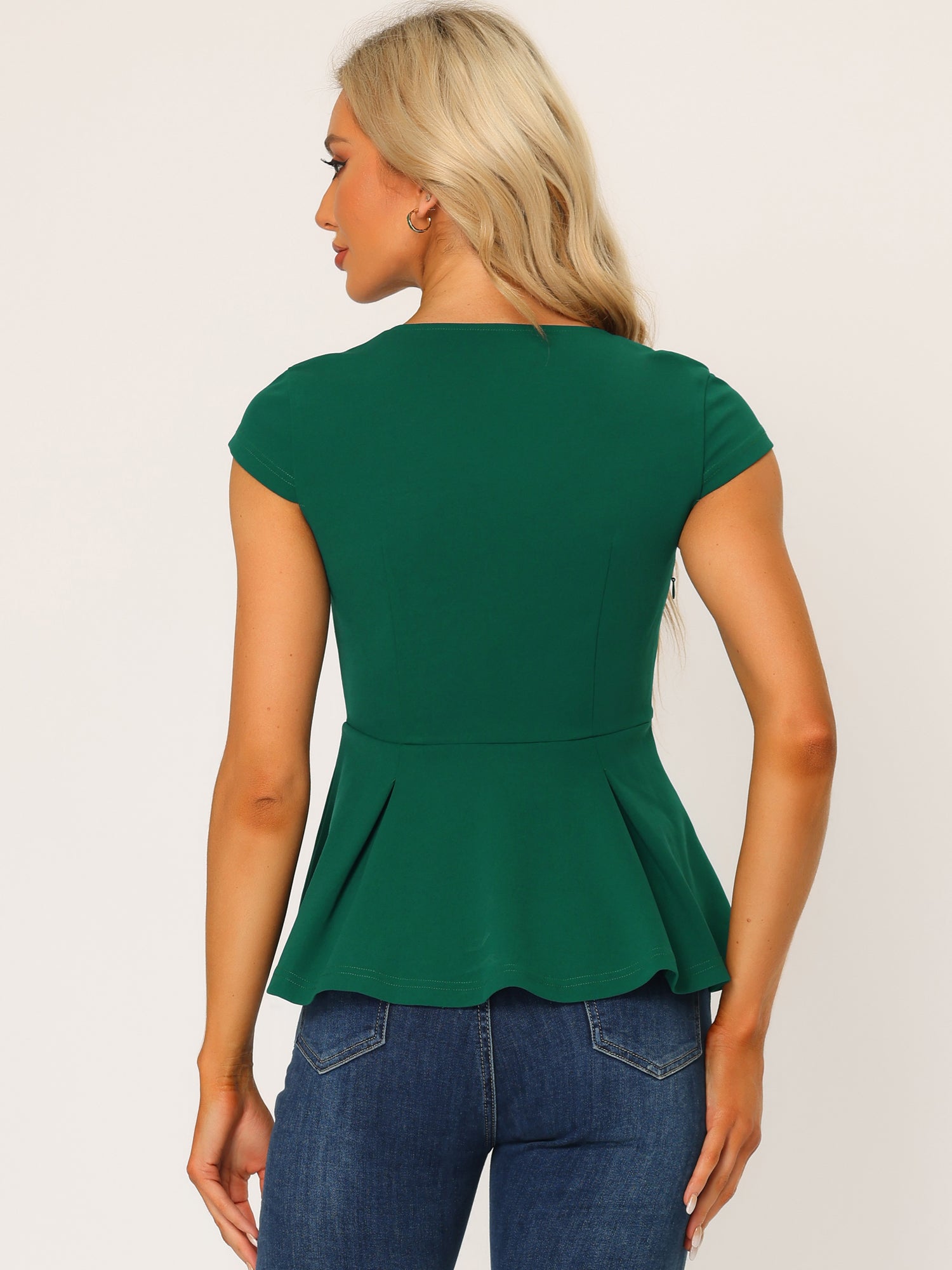 Elegant Round Neck Solid Color Cap Sleeve Peplum Blouse
