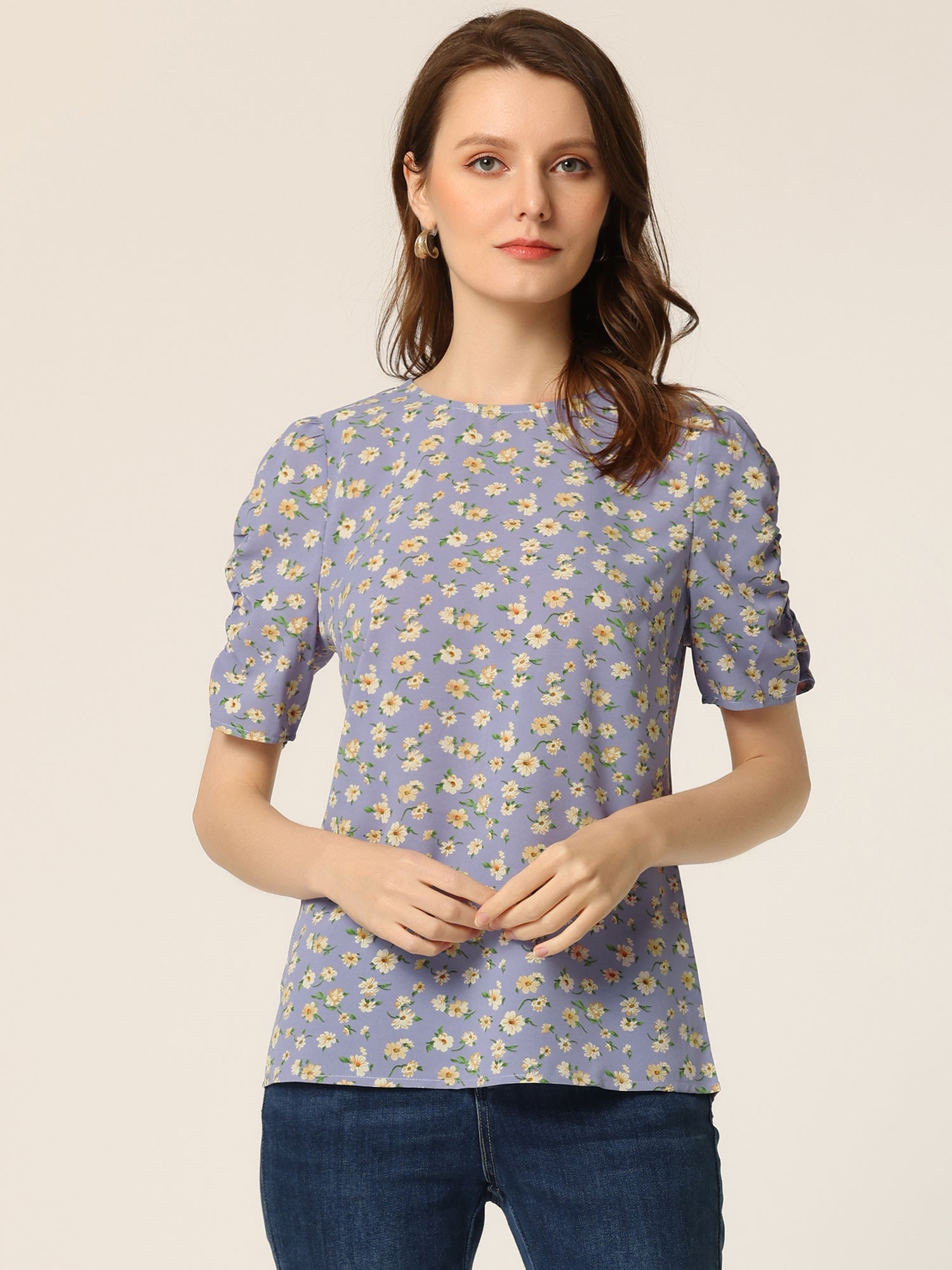 Floral Crew Neck Ruched Sleeve Casual Blouse