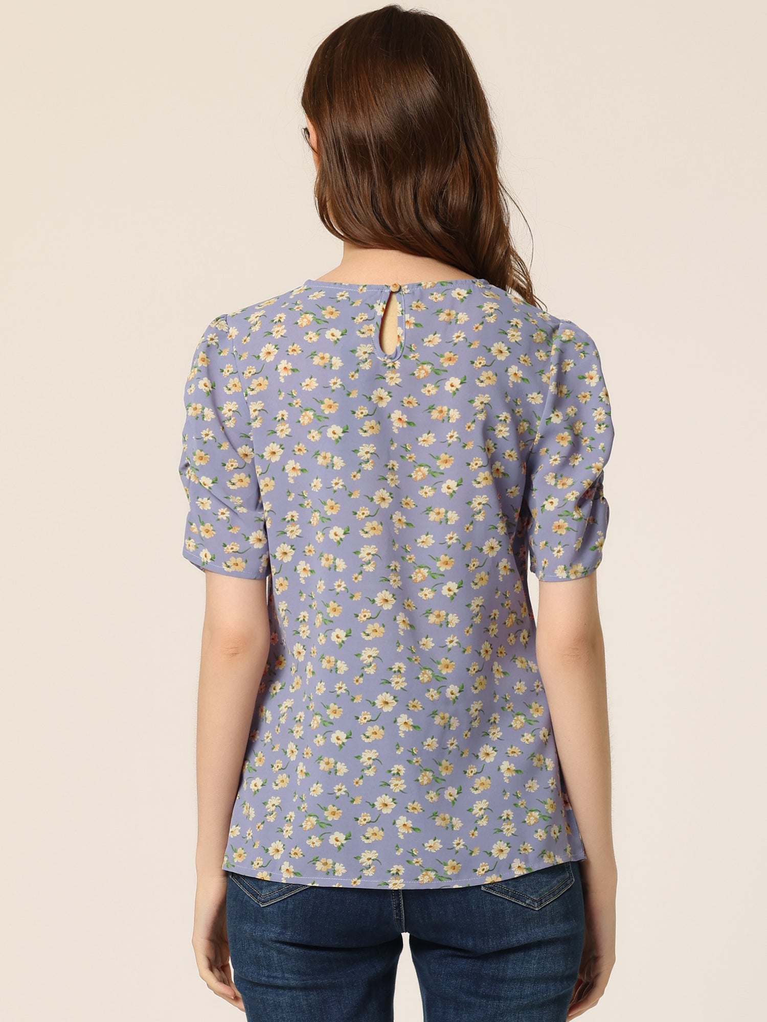 Floral Crew Neck Ruched Sleeve Casual Blouse