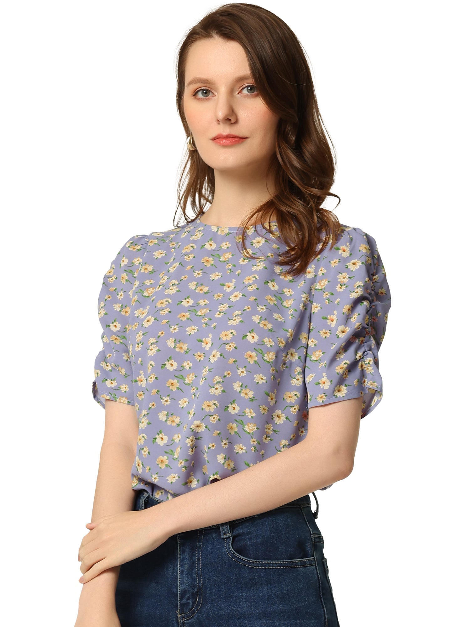 Floral Crew Neck Ruched Sleeve Casual Blouse