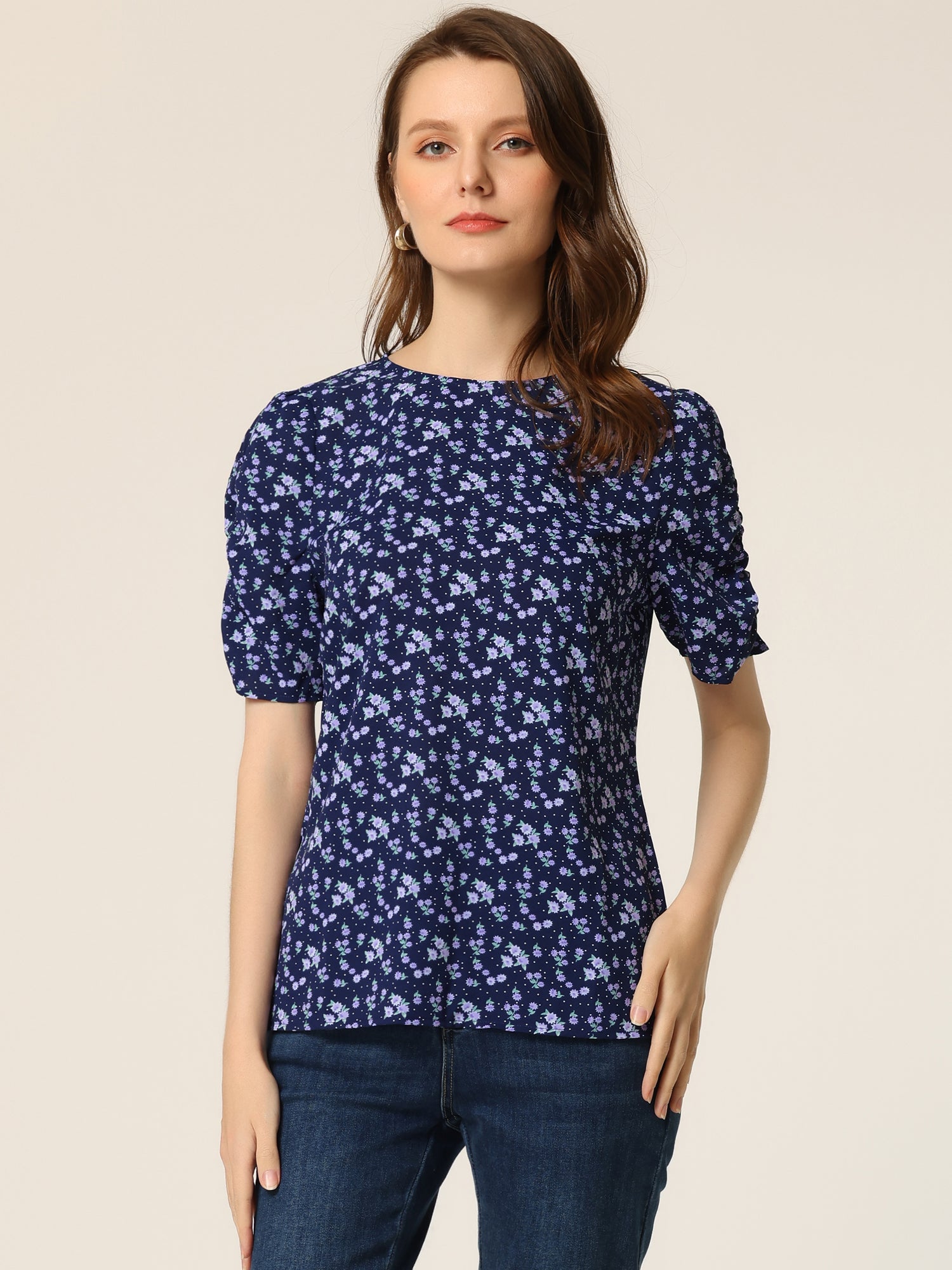Floral Crew Neck Ruched Sleeve Casual Blouse