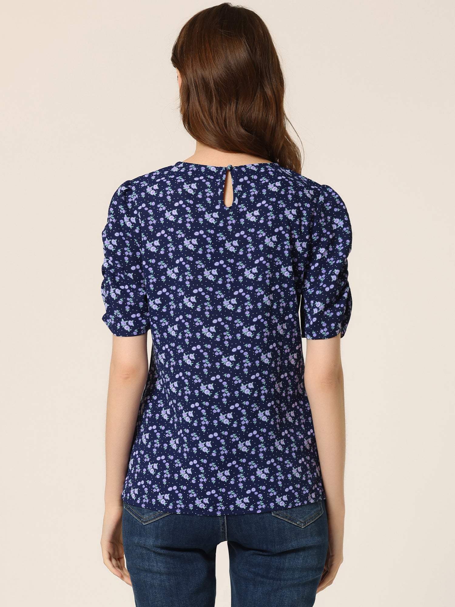 Floral Crew Neck Ruched Sleeve Casual Blouse