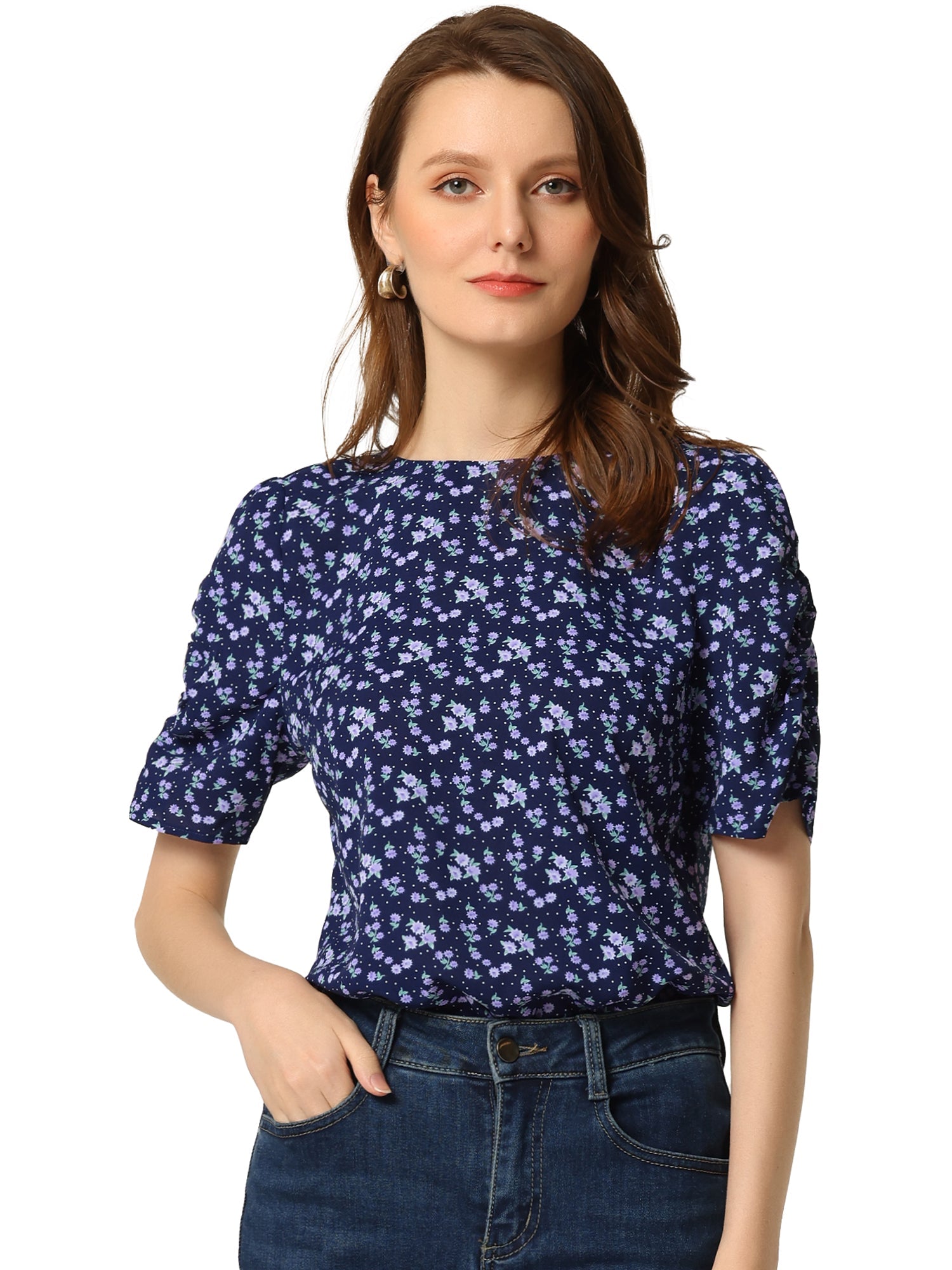 Floral Crew Neck Ruched Sleeve Casual Blouse