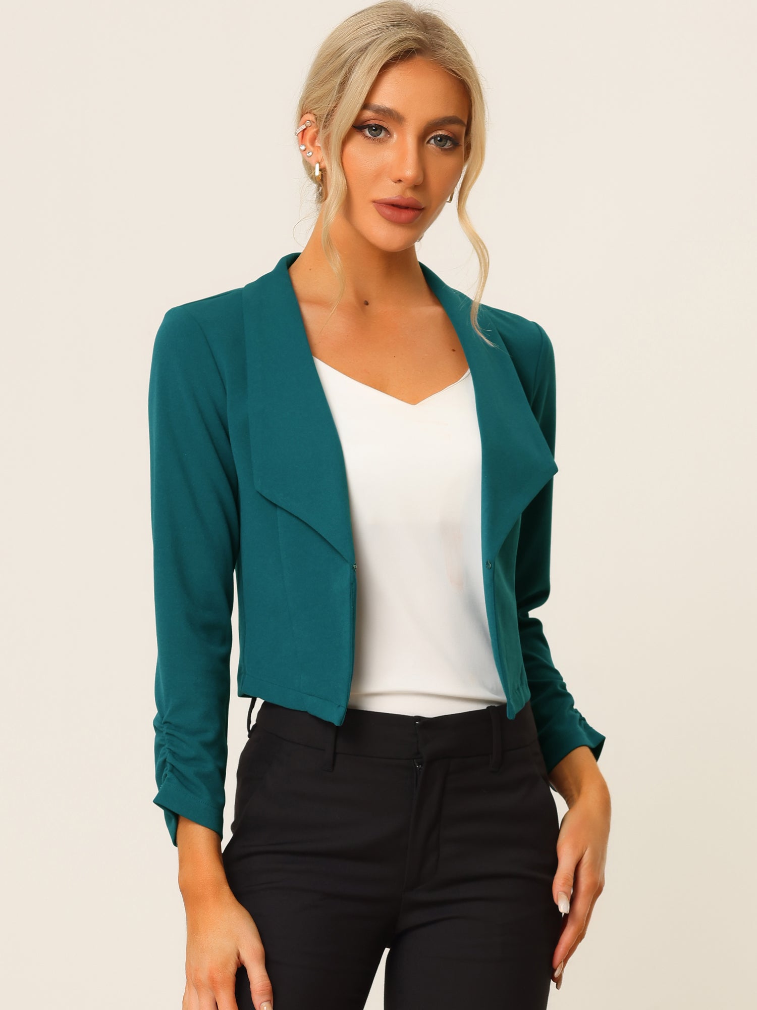 Notched Lapel Ruched Sleeve Business Cropped Jacket Blazer