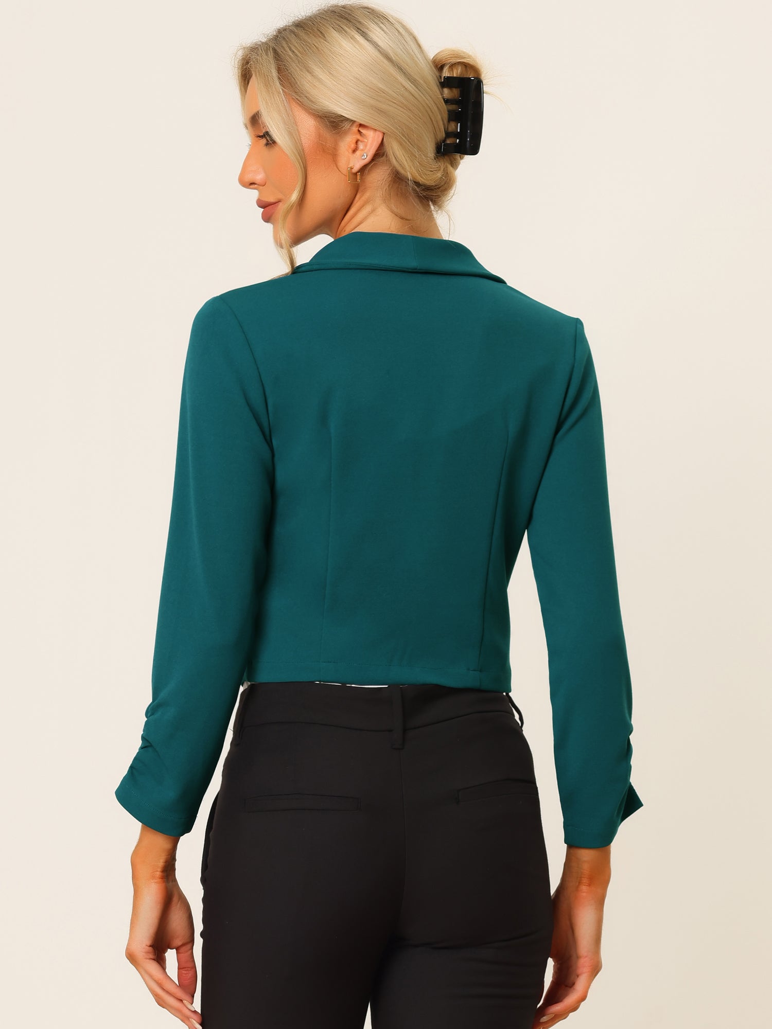 Notched Lapel Ruched Sleeve Business Cropped Jacket Blazer