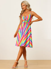 Summer Casual Beach V Neck Tie Front Rainbow Spaghetti Strap Dress