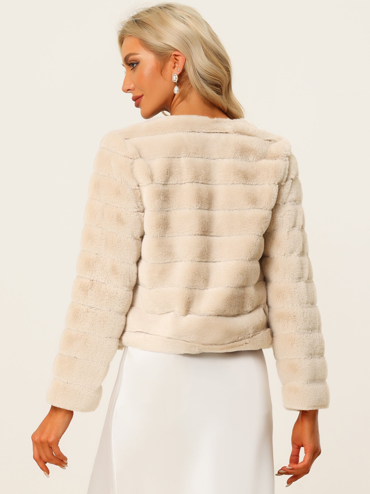 Winter Warm Cropped Collarless Faux Fur Fluffy Jacket