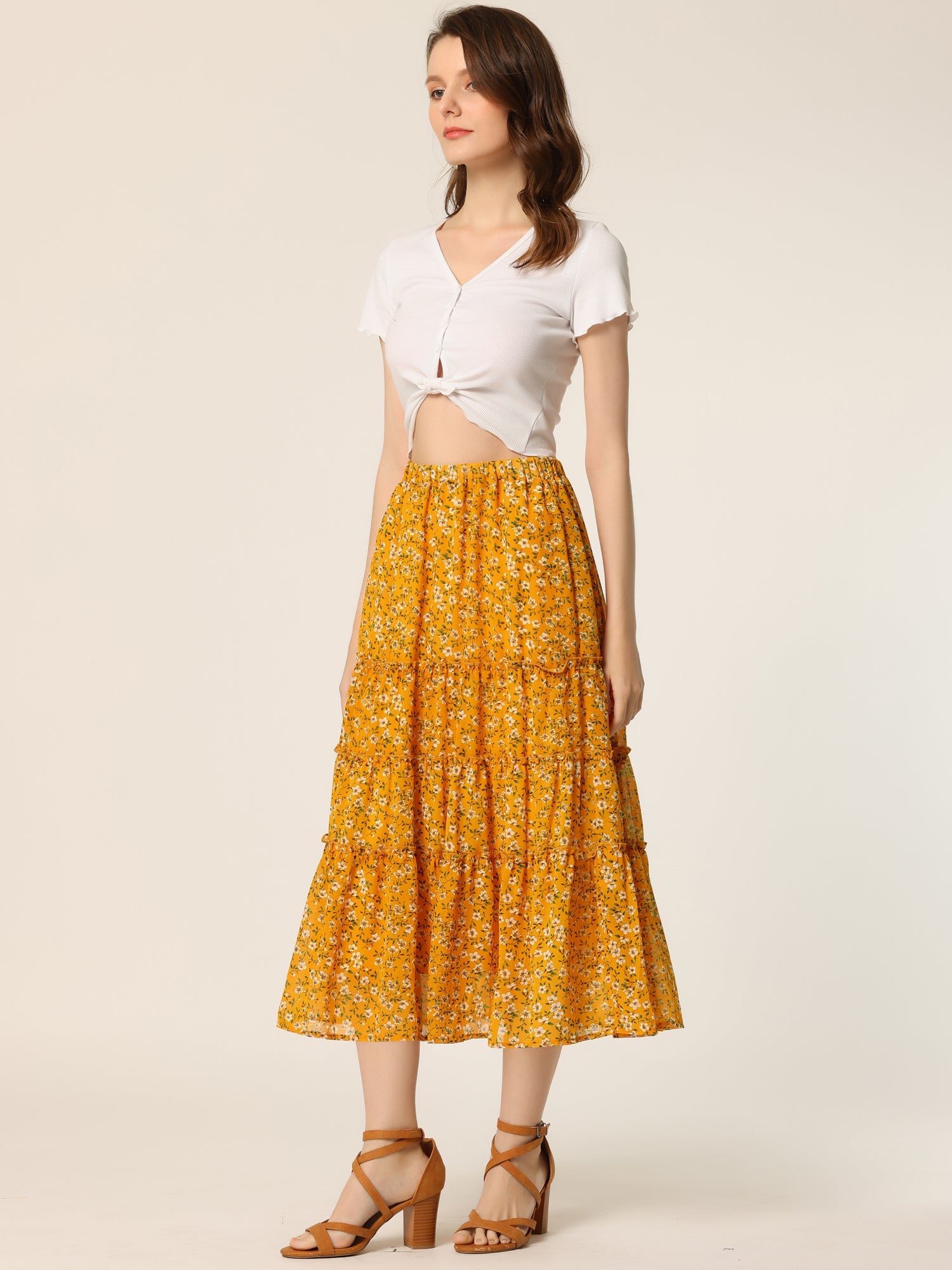 Chiffon Floral Printed Long Tiered Ruffle Boho Midi Skirt