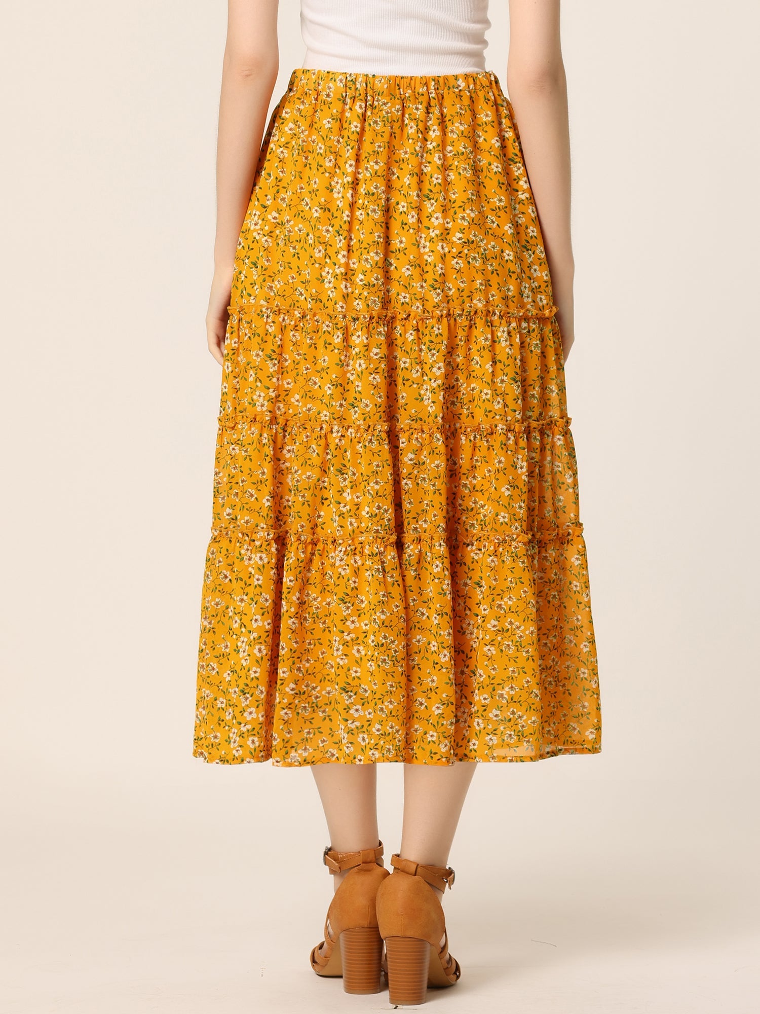 Chiffon Floral Printed Long Tiered Ruffle Boho Midi Skirt