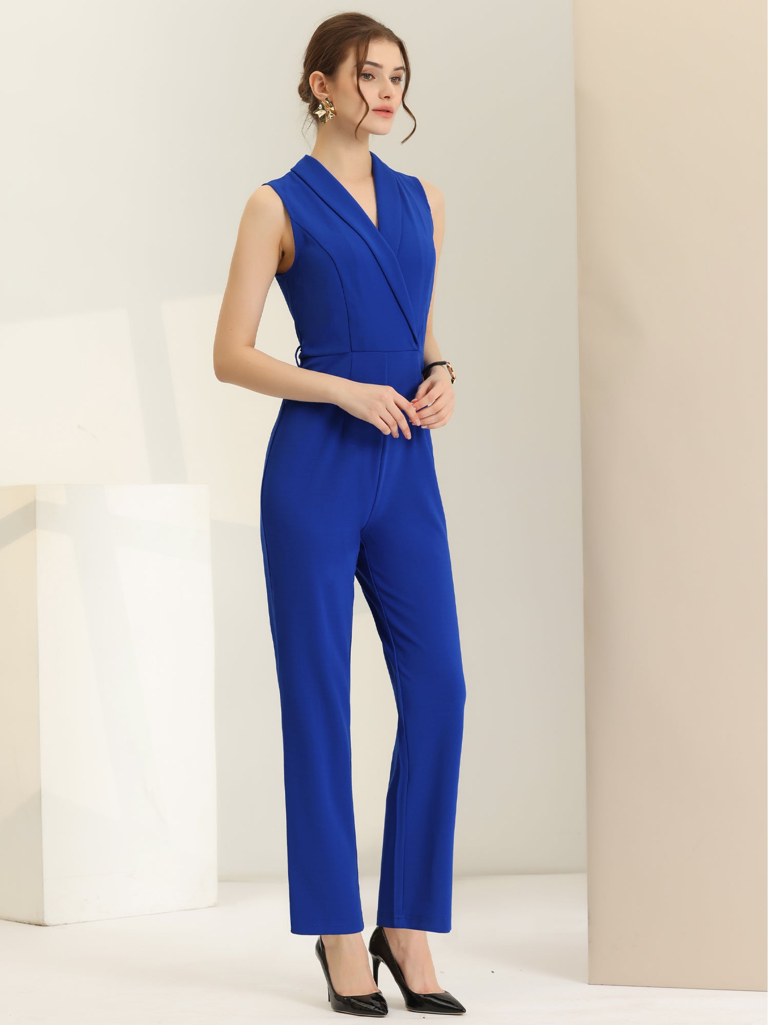 Elegant Office Work Sleeveless Belted Long Jumpsuit