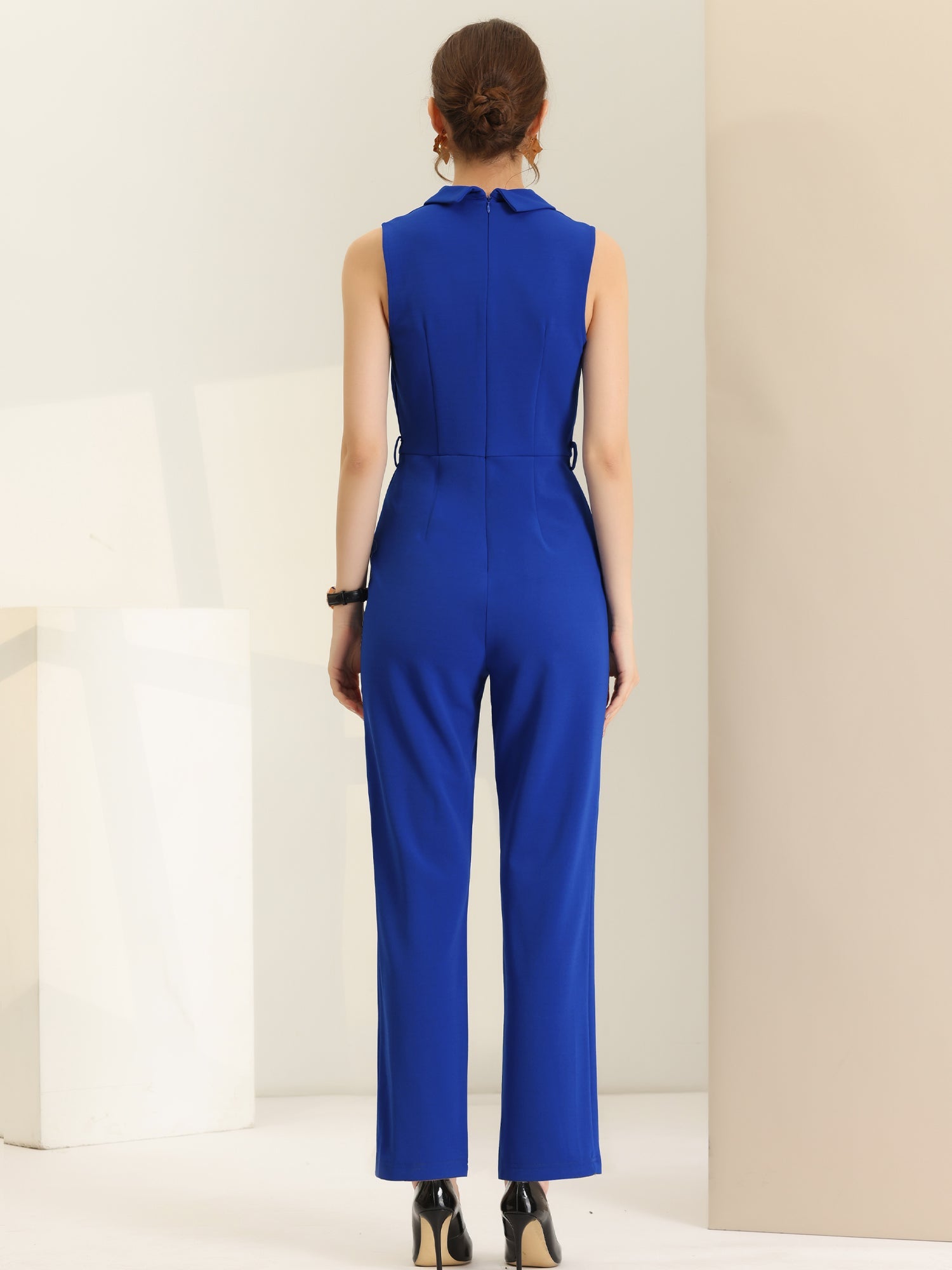 Elegant Office Work Sleeveless Belted Long Jumpsuit