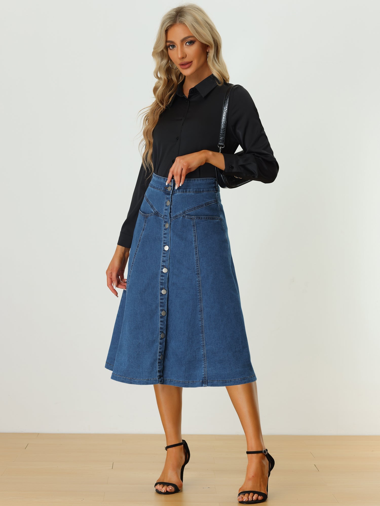 Stretchy High Waist Buttons Front A-Line Flowy Pockets Midi Skirt