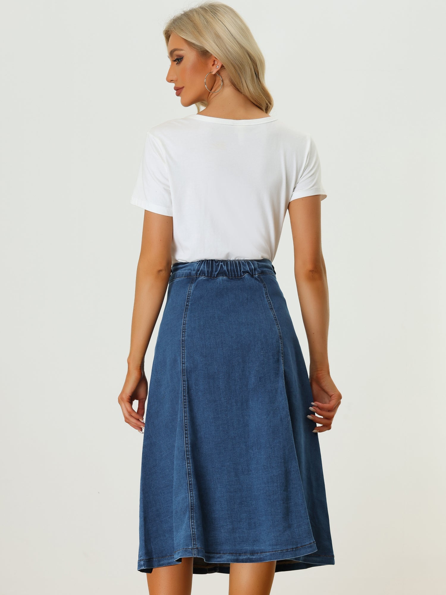 Stretchy High Waist Buttons Front A-Line Flowy Pockets Midi Skirt