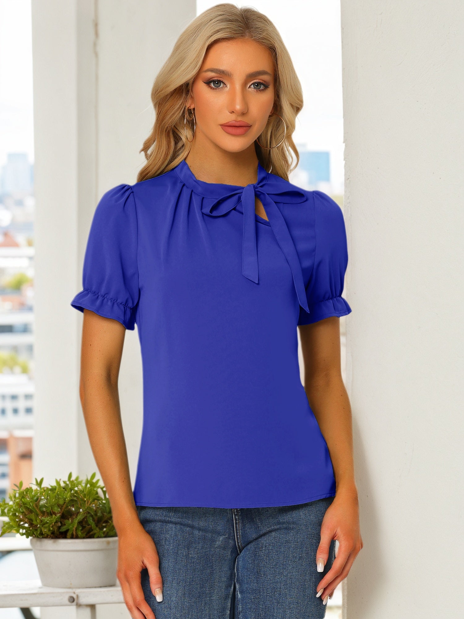 Bow Tie Neck Tops Elegant Office Short Sleeve Blouse