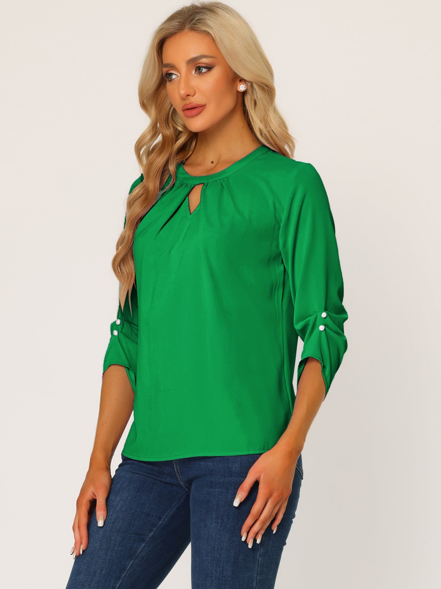 Office Keyhole Pleated 3/4 Sleeve Chiffon Blouse