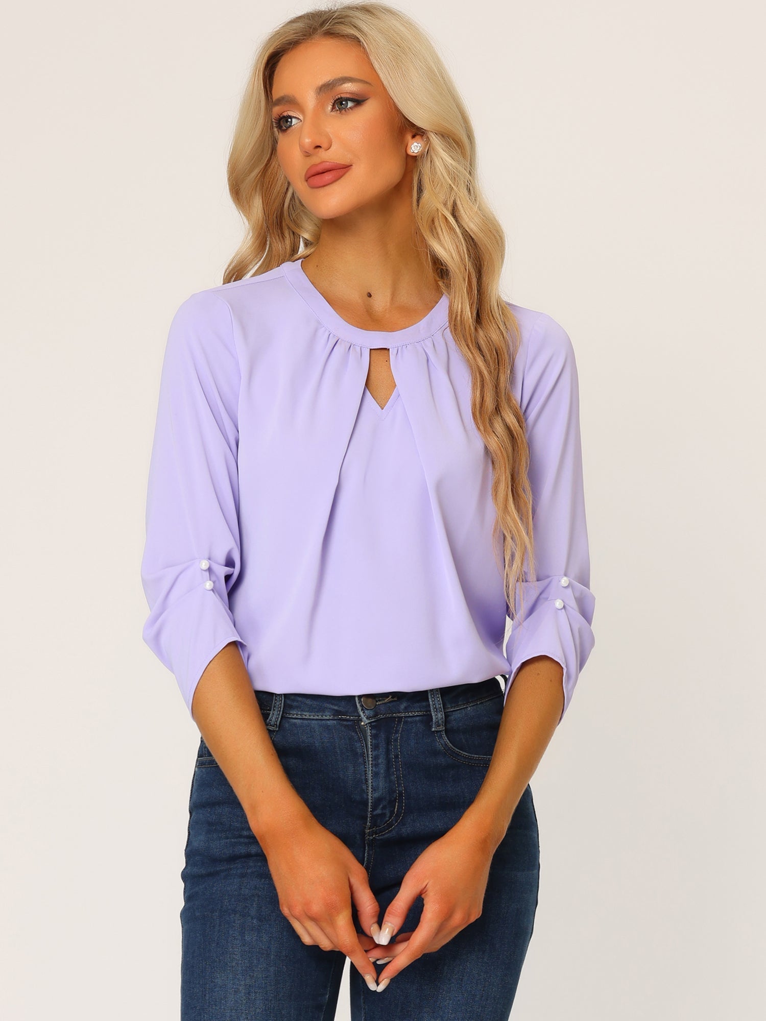Office Keyhole Pleated 3/4 Sleeve Chiffon Blouse