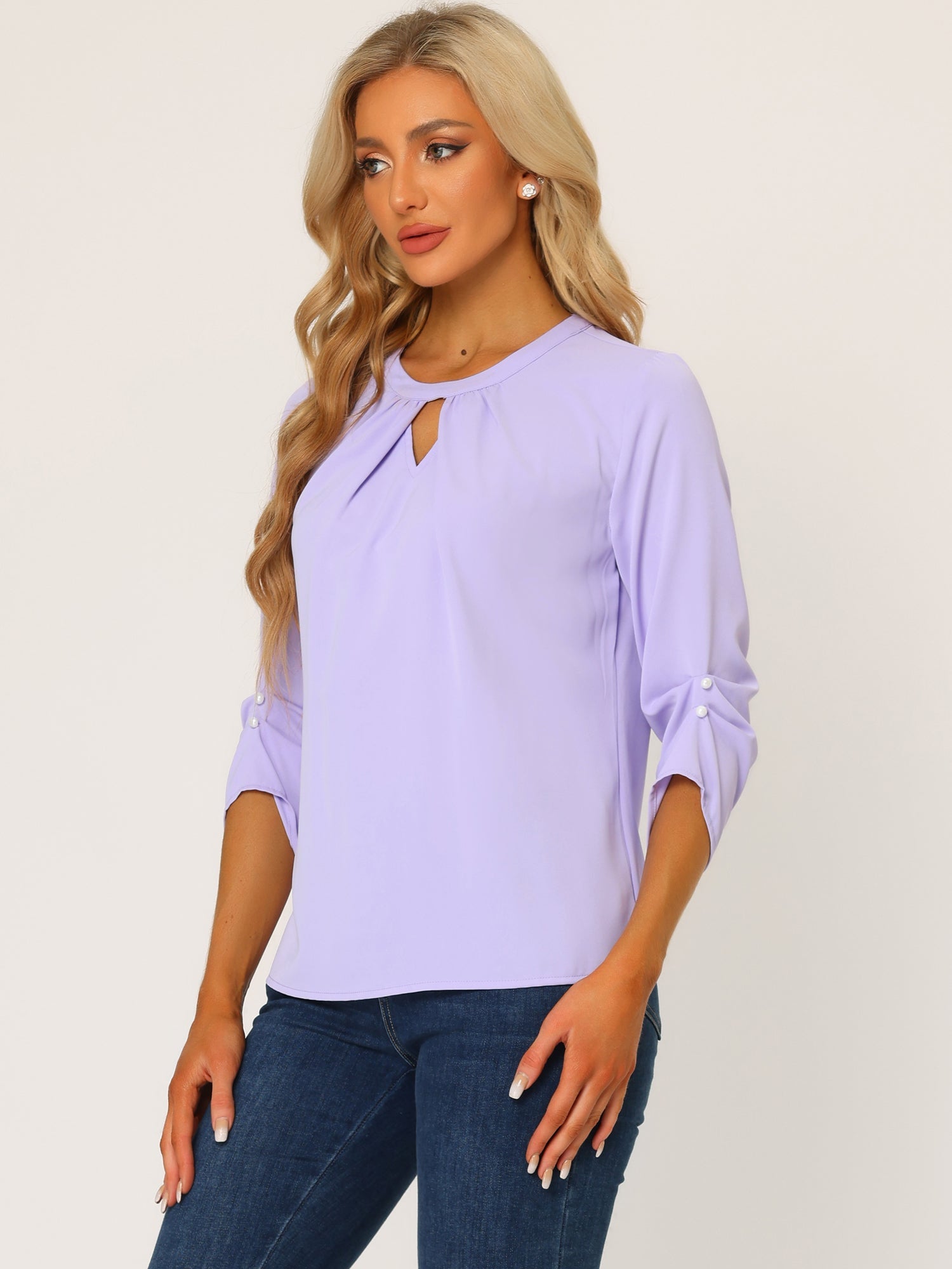 Office Keyhole Pleated 3/4 Sleeve Chiffon Blouse