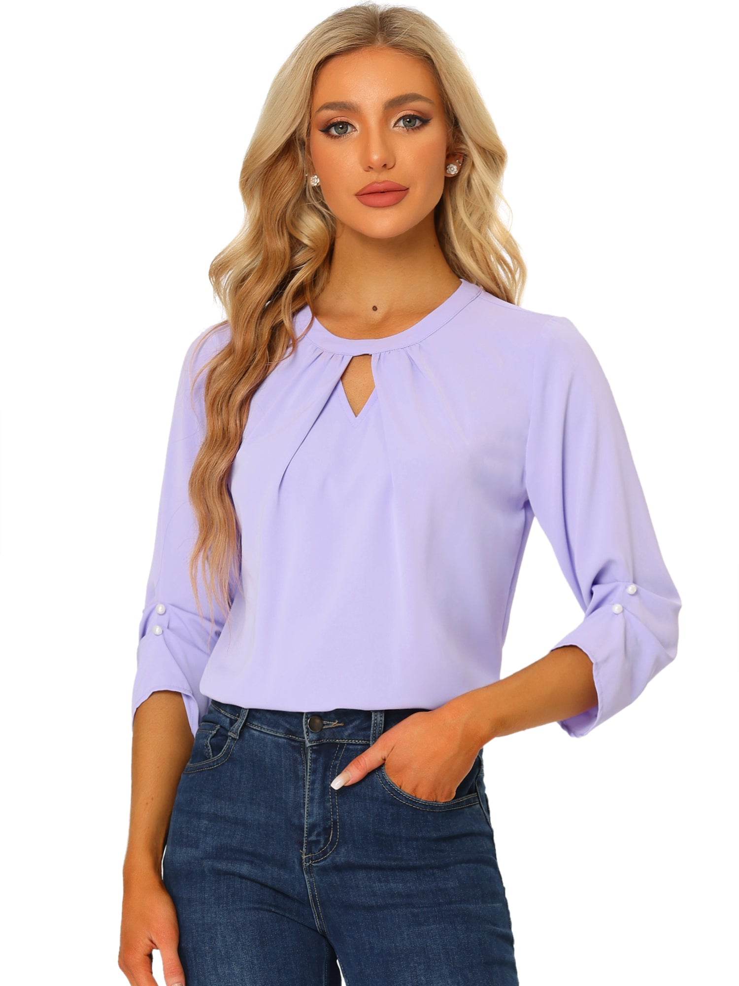 Office Keyhole Pleated 3/4 Sleeve Chiffon Blouse