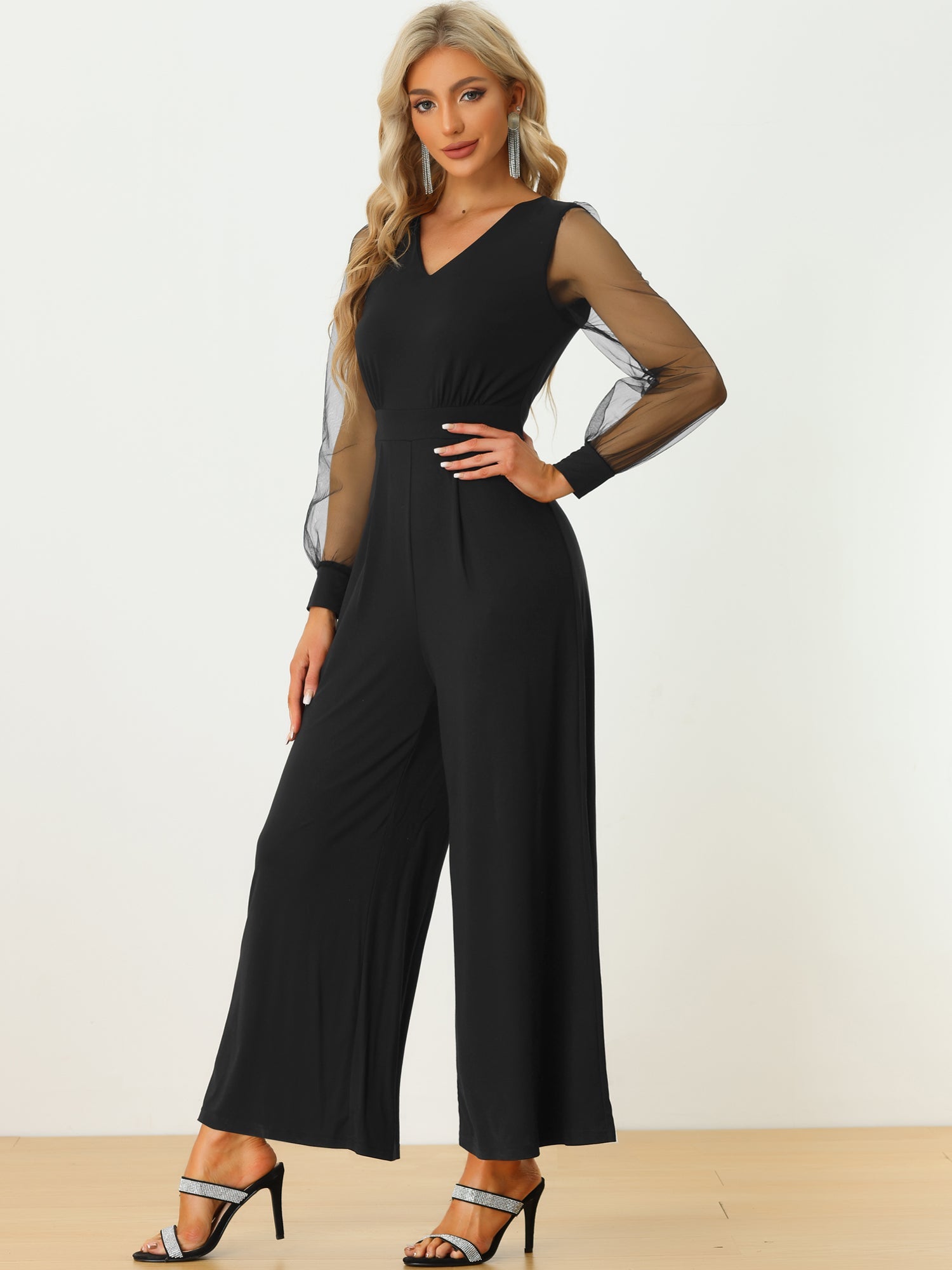 Elegant V Neck Mesh Long Sleeve Loose Wide Leg Jumpsuits