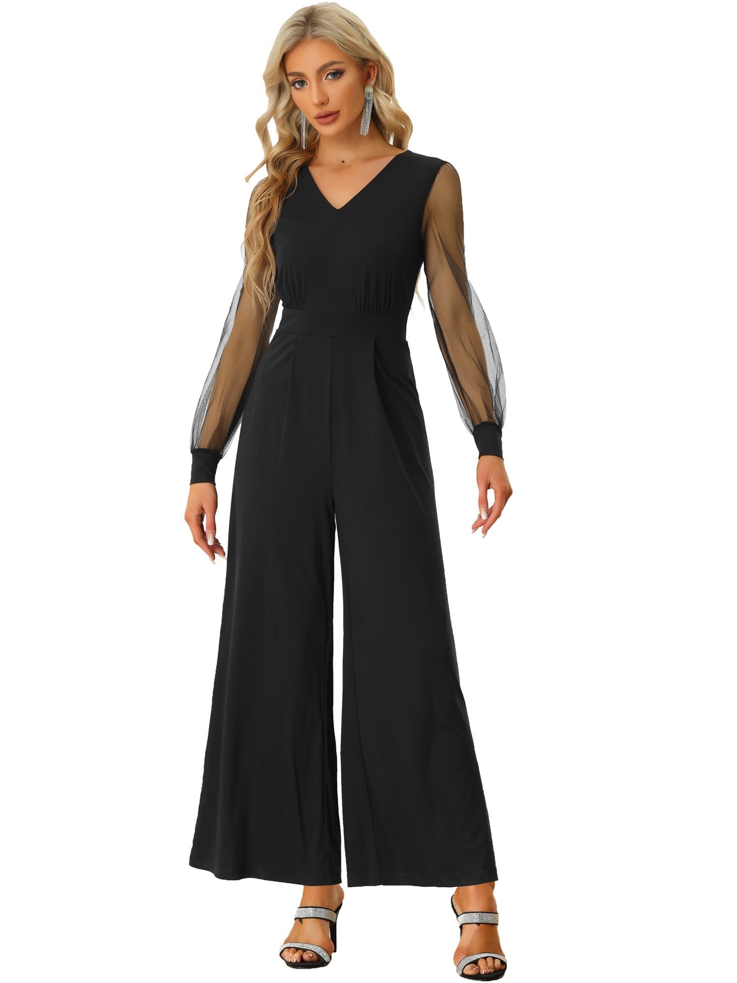 Elegant V Neck Mesh Long Sleeve Loose Wide Leg Jumpsuits