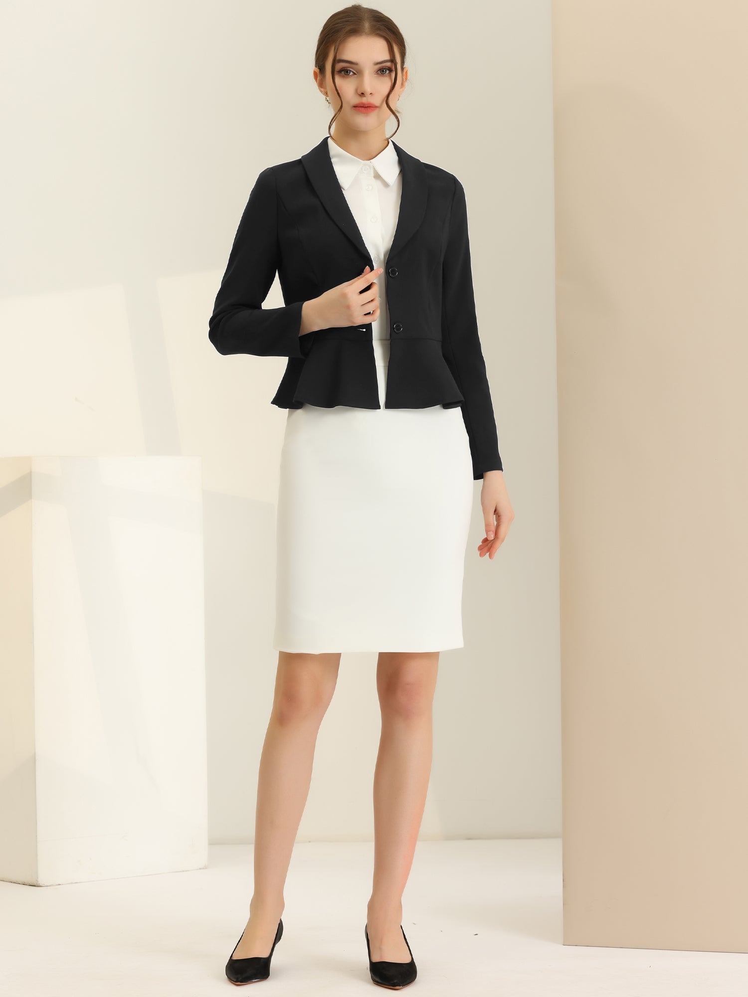 Vintage Lapel Long Sleeve Ruffle Hem Office Cropped Blazer