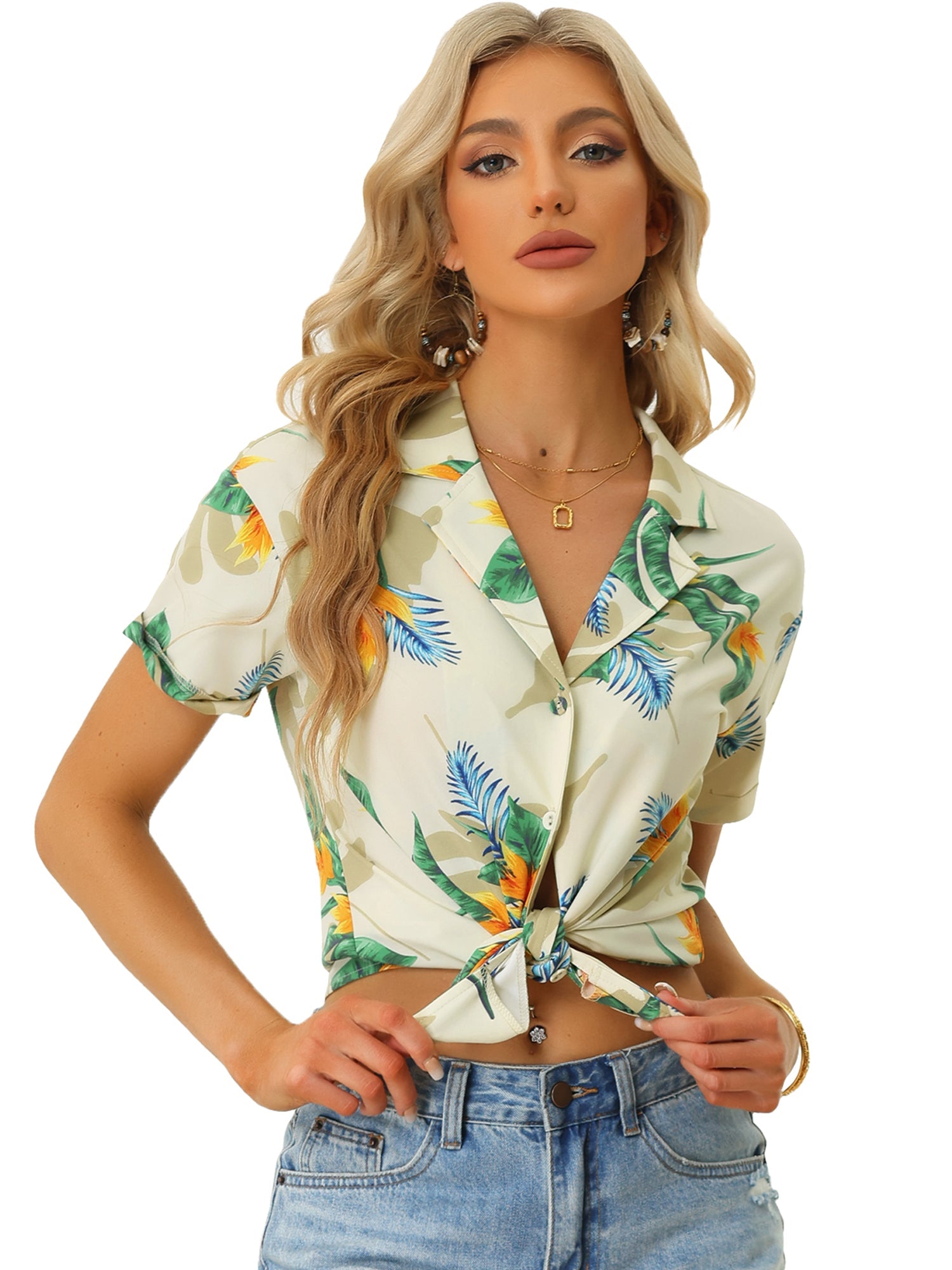 Hawaiian Tropical Leaves Floral Short Sleeve Button Down Shirt