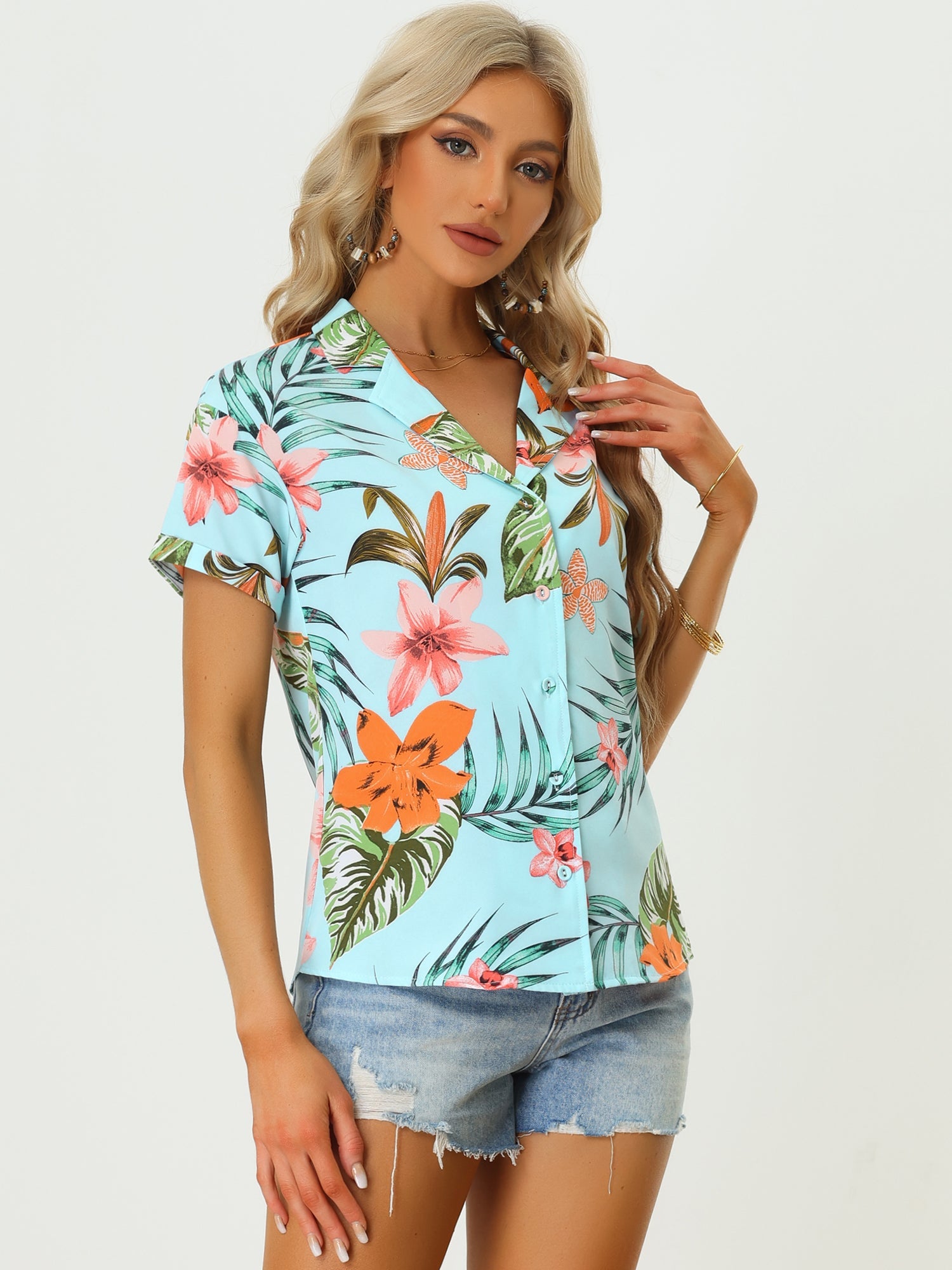 Hawaiian Tropical Leaves Floral Short Sleeve Button Down Shirt