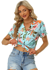 Hawaiian Tropical Leaves Floral Short Sleeve Button Down Shirt