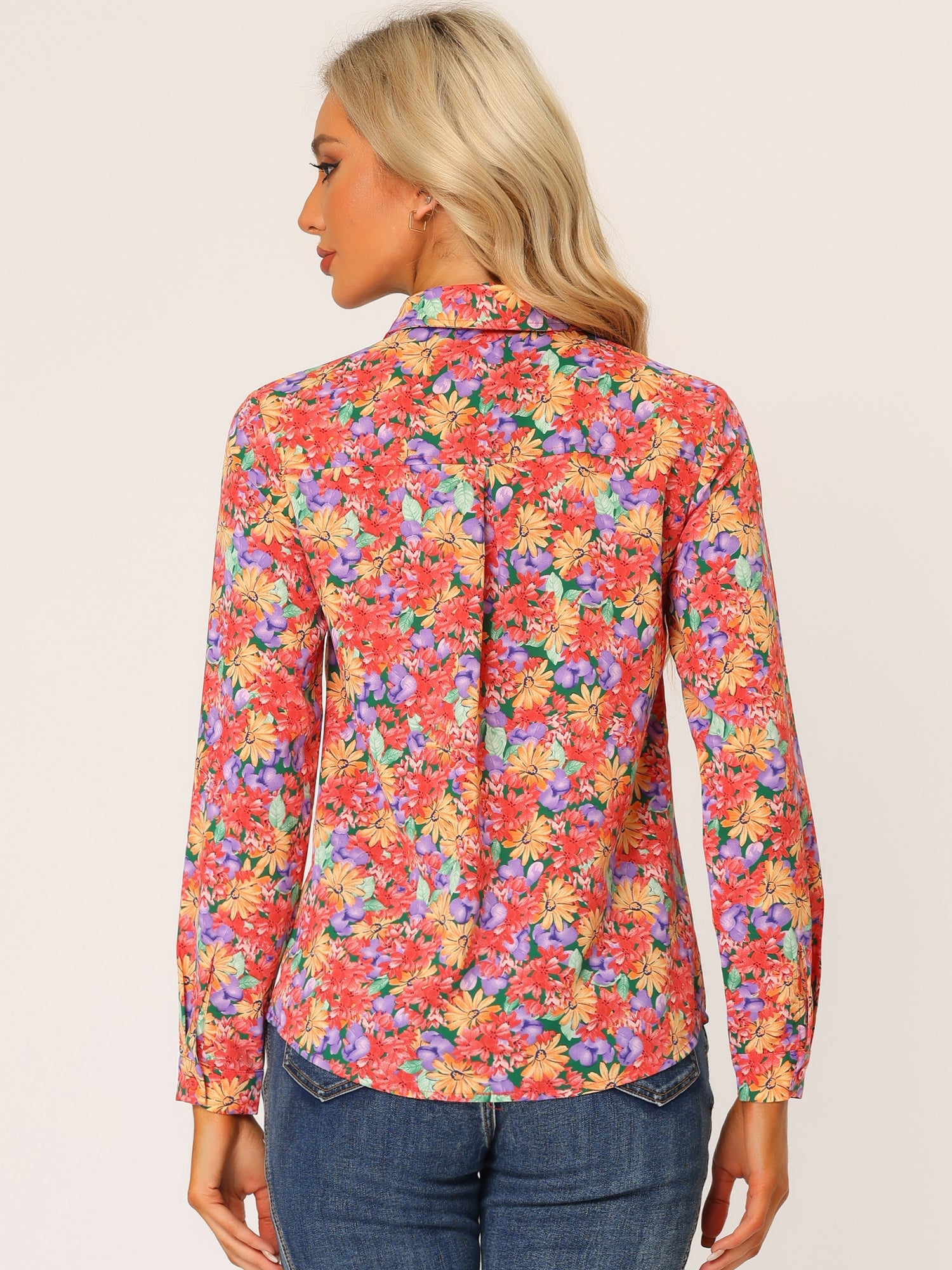 Button Down Floral Long Sleeve Point Collar Blouse