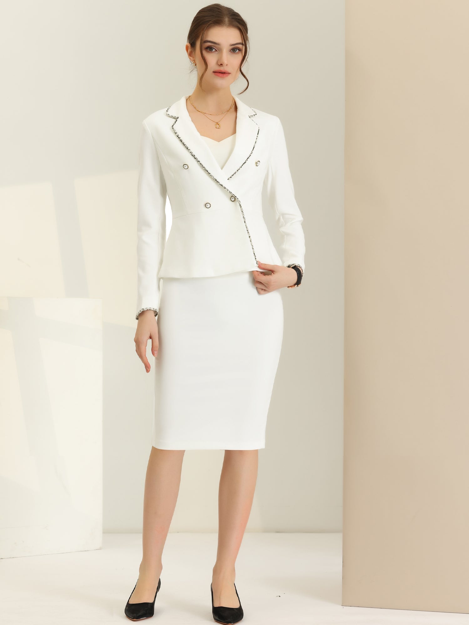 Business Suit 2 Pieces Tweed Trim Blazer Jacket and Skirt Set