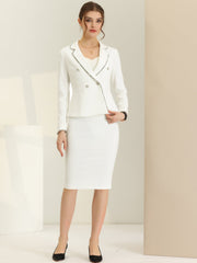 Business Suit 2 Pieces Tweed Trim Blazer Jacket and Skirt Set