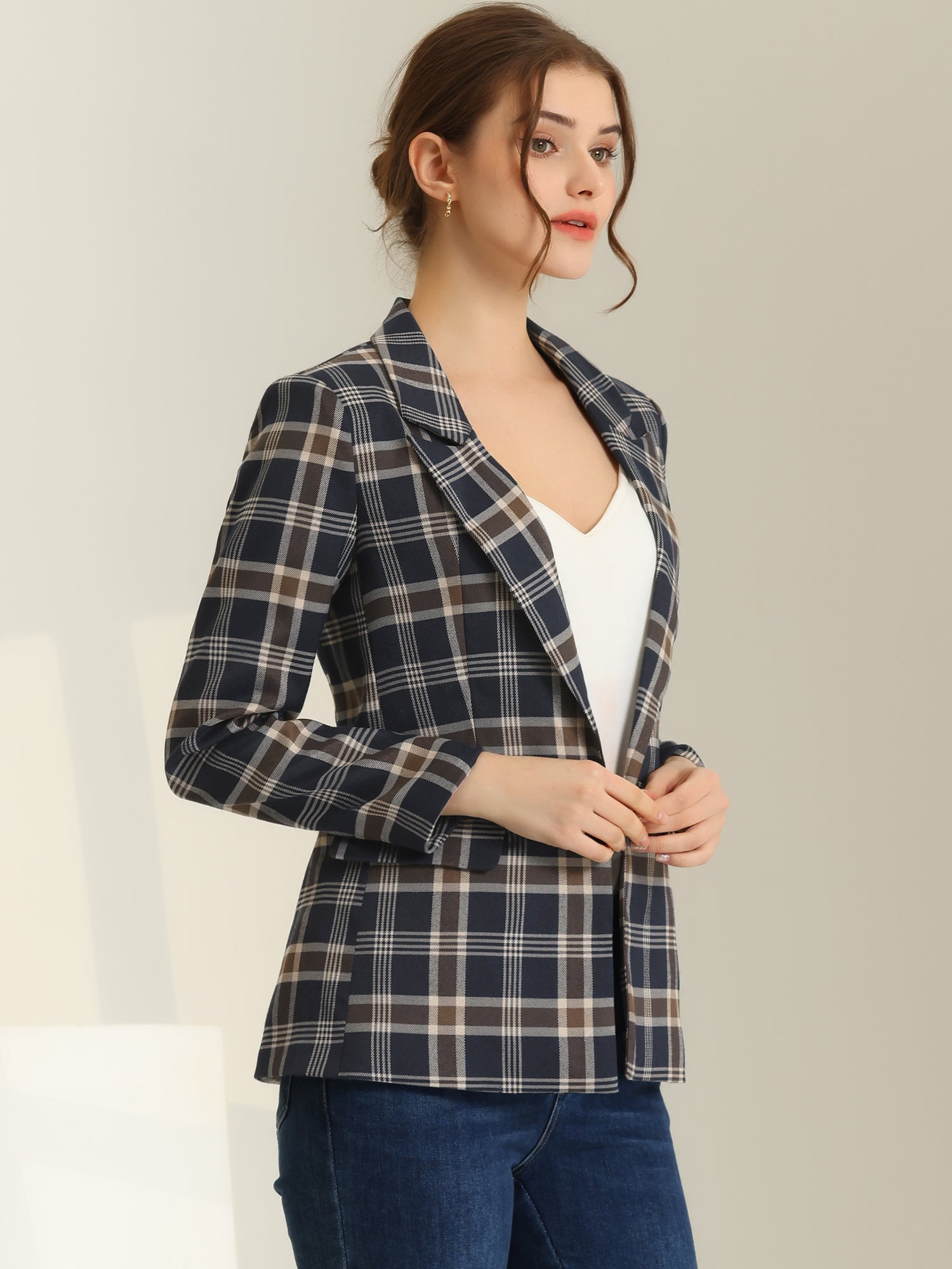 Plaid Notched Lapel One Button Houndstooth Blazer Jacket