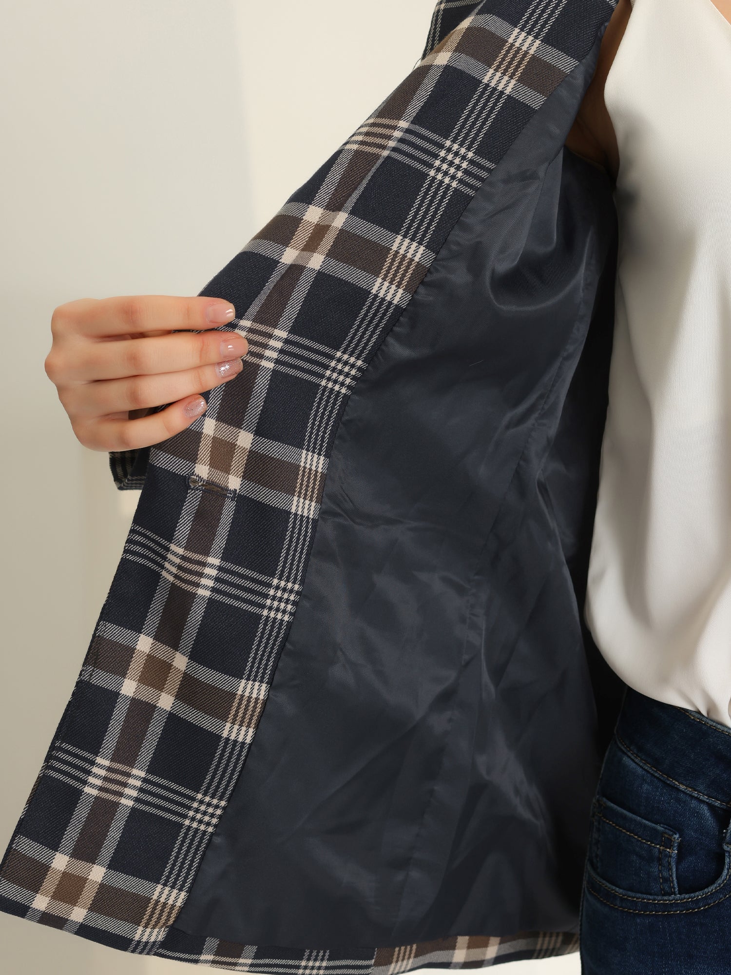 Plaid Notched Lapel One Button Houndstooth Blazer Jacket