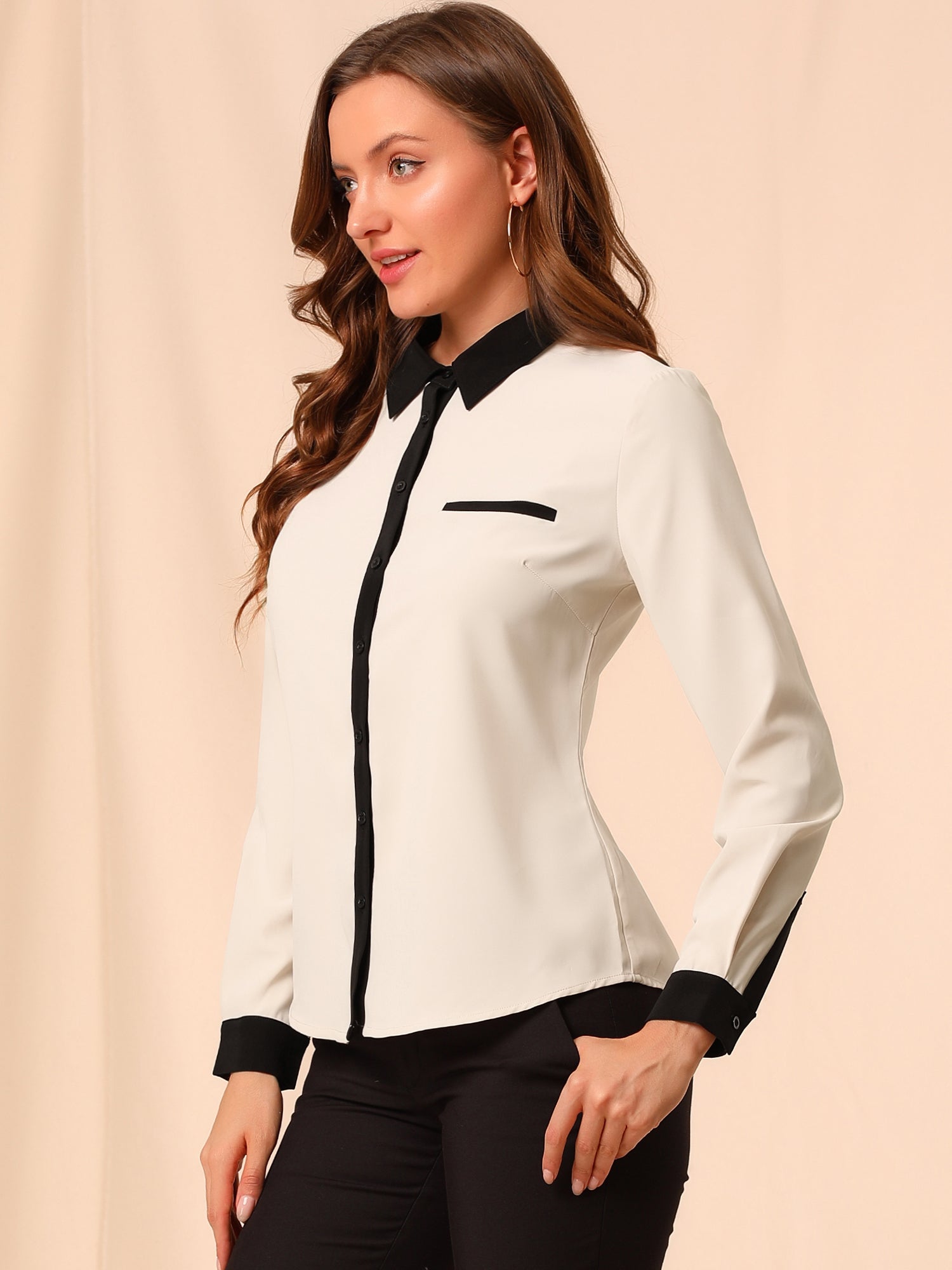 Contrast Collar Shirt Chiffon Long Sleeve Work Office Blouse