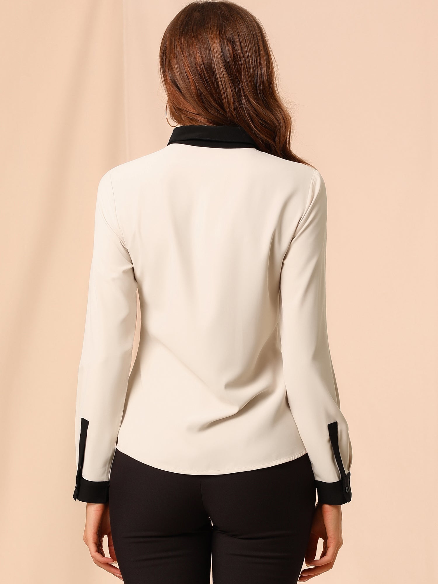Contrast Collar Shirt Chiffon Long Sleeve Work Office Blouse