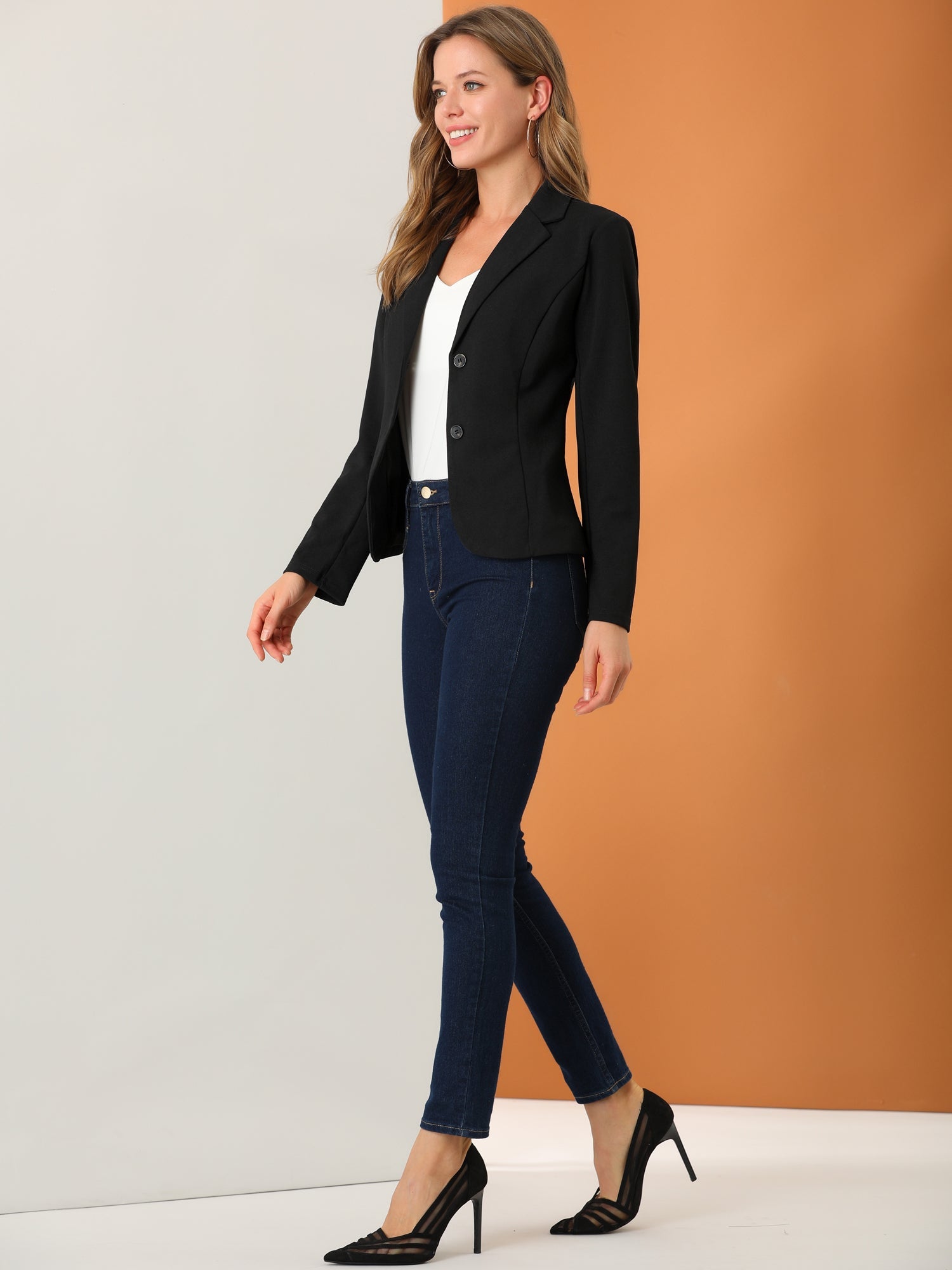 Notched Lapel Collar Stretch Work Office Workwear Jacket Blazer