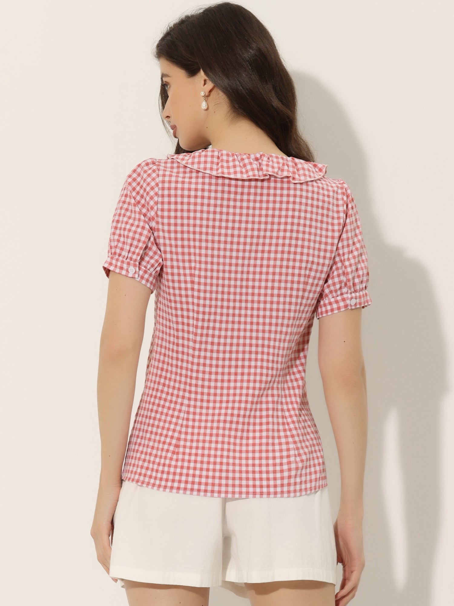 Plaid Blouse Puff Sleeve Ruffle Peter Pan Collar Shirt Top