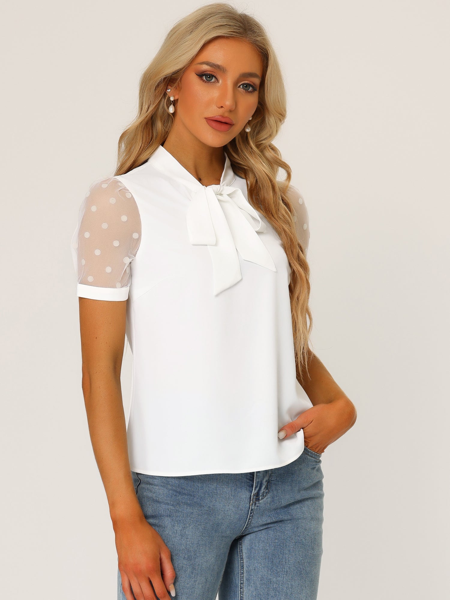 Bow Tie V Neck Stand Collar Short Mesh Sleeve Blouse