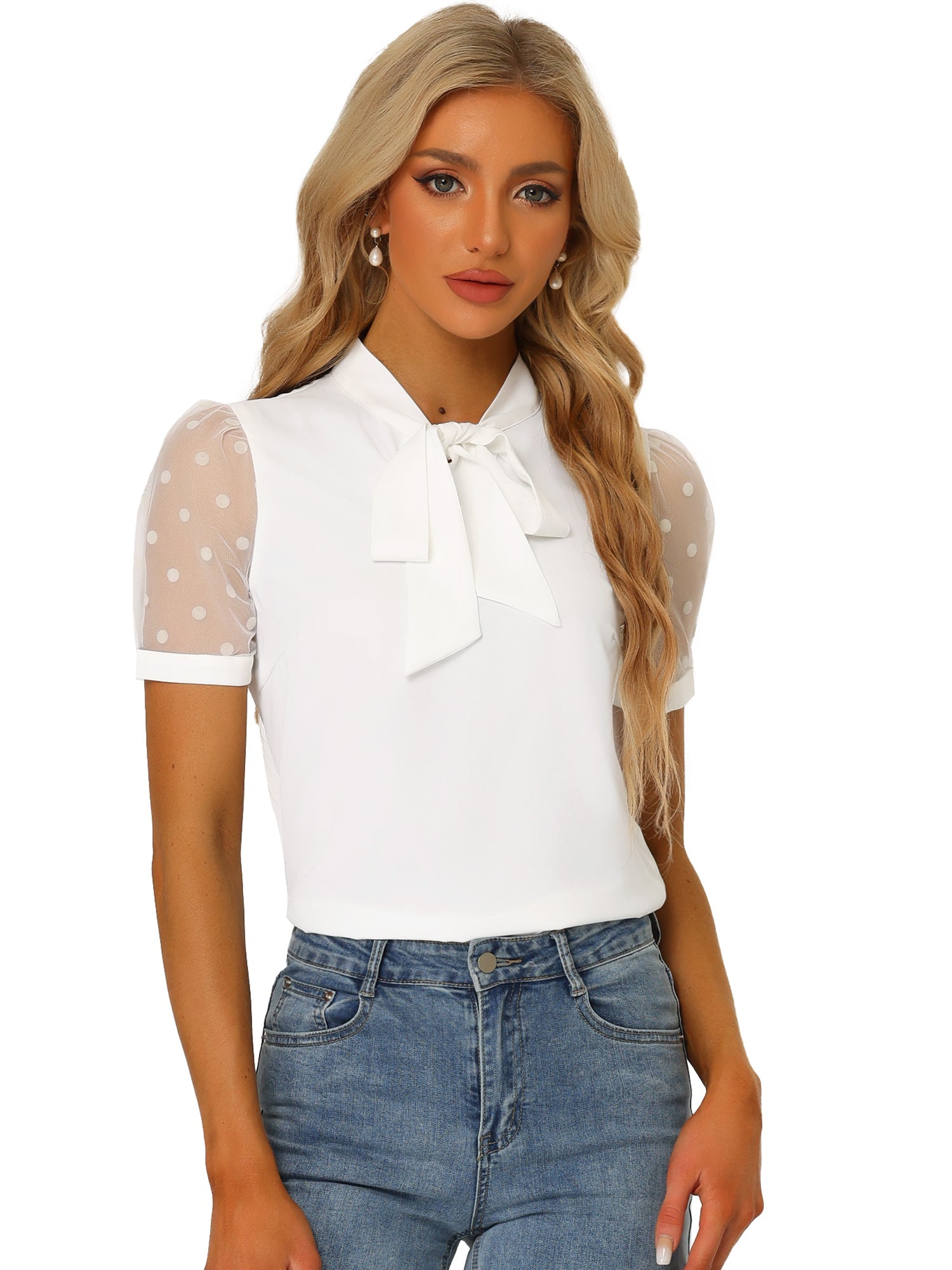Bow Tie V Neck Stand Collar Short Mesh Sleeve Blouse