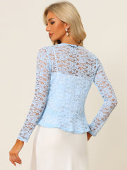 Floral Lace Shrug Tie Front Ruffled Hem Sheer Crop Bolero