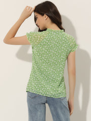 Ditsy Floral Print Chiffon Short Sleeve Ruffle Blouse