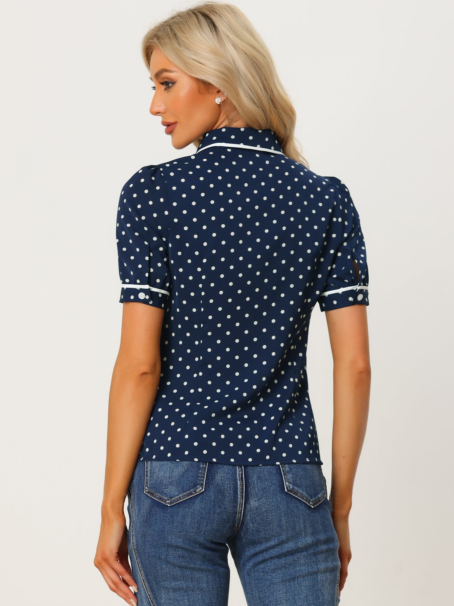 Polka Dot Peter Pan Collar Bow Tie Neck Puff Sleeve Vintage Shirt