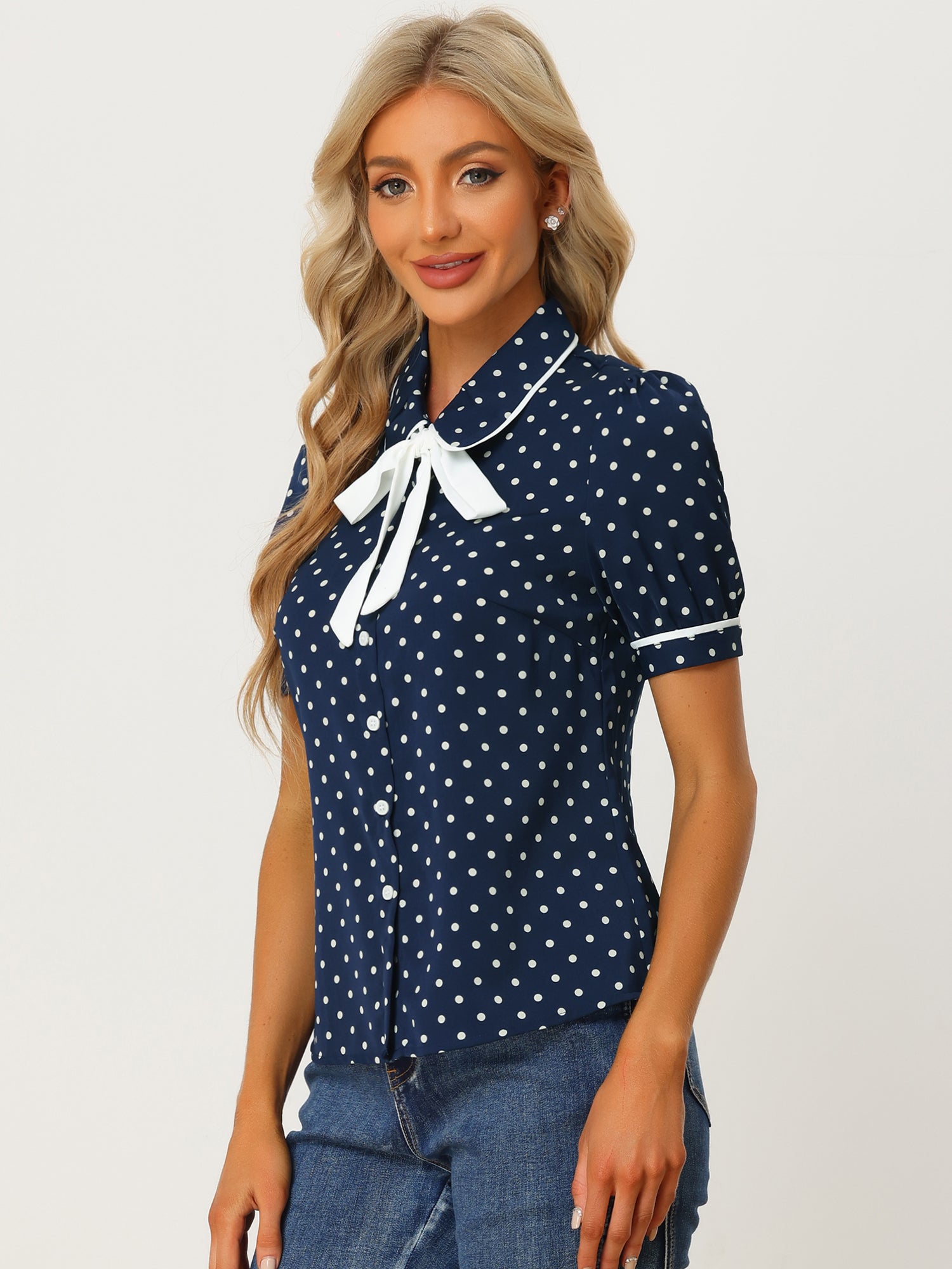 Polka Dot Peter Pan Collar Bow Tie Neck Puff Sleeve Vintage Shirt