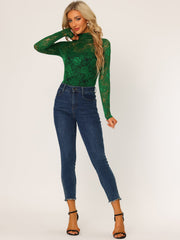 See Through Long Sleeve Turtleneck Sheer Floral Lace Blouse