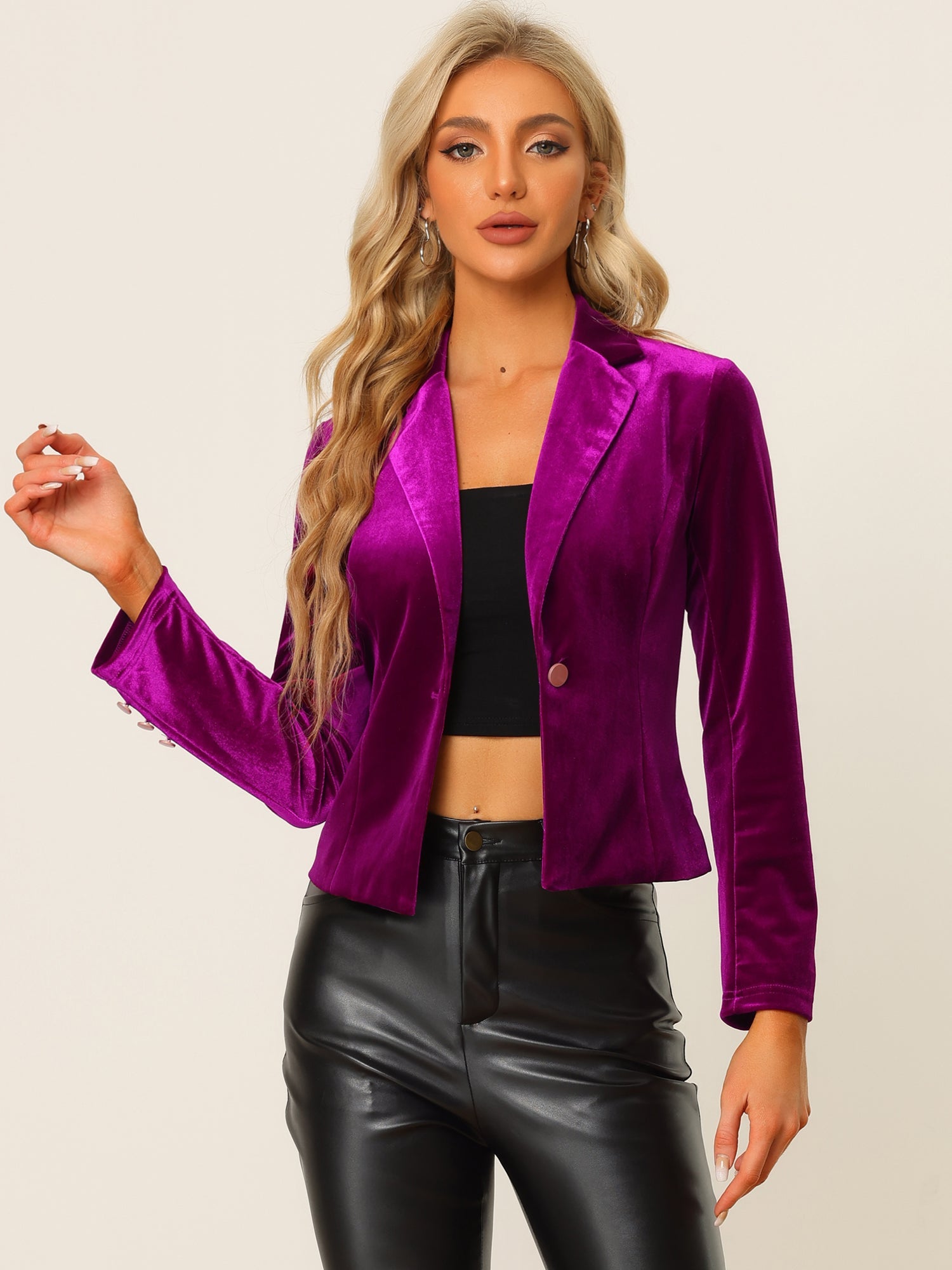 Single Button Velvet Lapel Business Crop Blazer Jacket