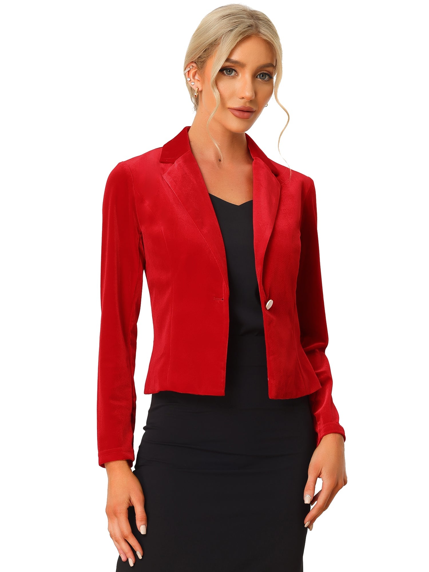 Single Button Velvet Lapel Business Crop Blazer Jacket